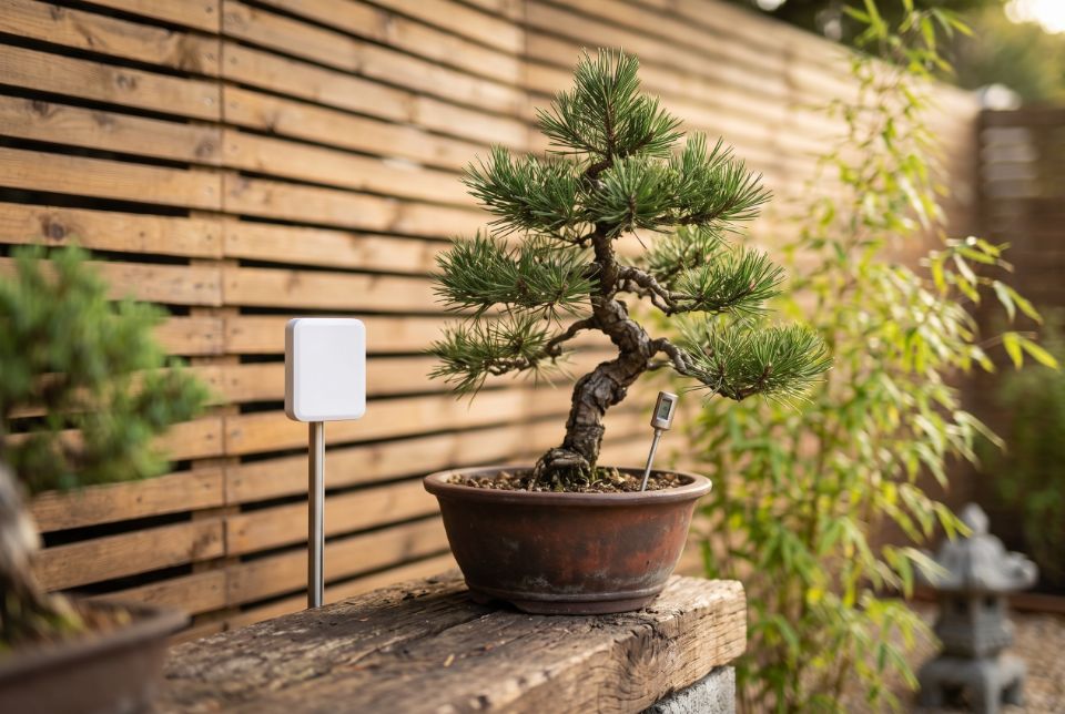 A bonsai on the bench at Bamsai with a small weather sensor and a soil probe beside it