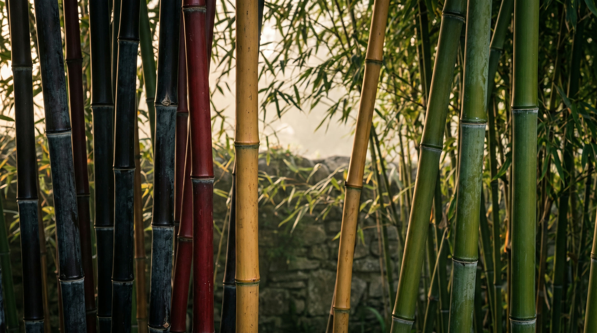 Rare bamboo culms in near-black, deep red, gold and green standing side by side in the Bamsai collection