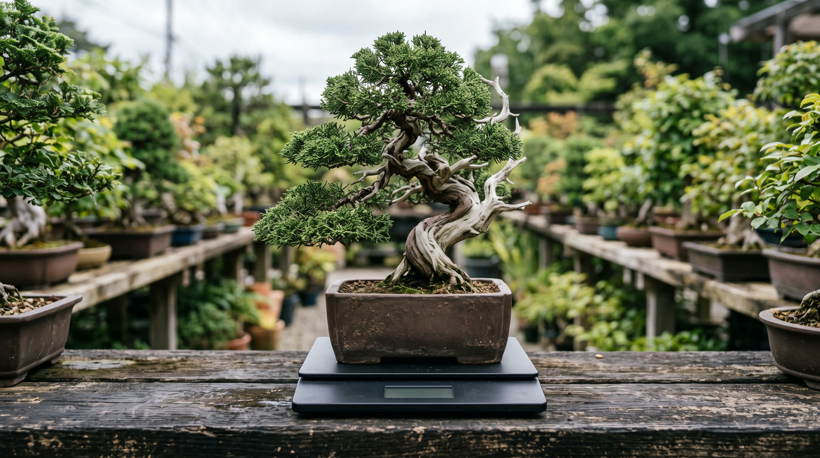 A mature juniper bonsai in a shallow pot standing on a digital scale on a nursery bench